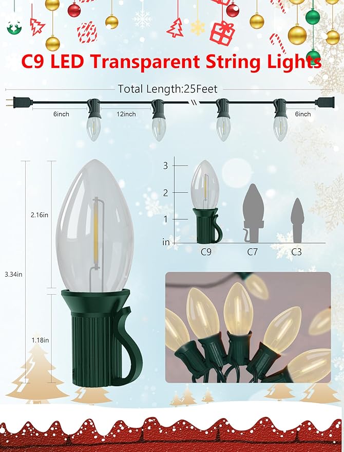 Vintage C9 LED Christmas Lights Outdoor, 25Ft LED C9 Warm White Christmas String Lights with 26 Clear Bulbs | Lumora