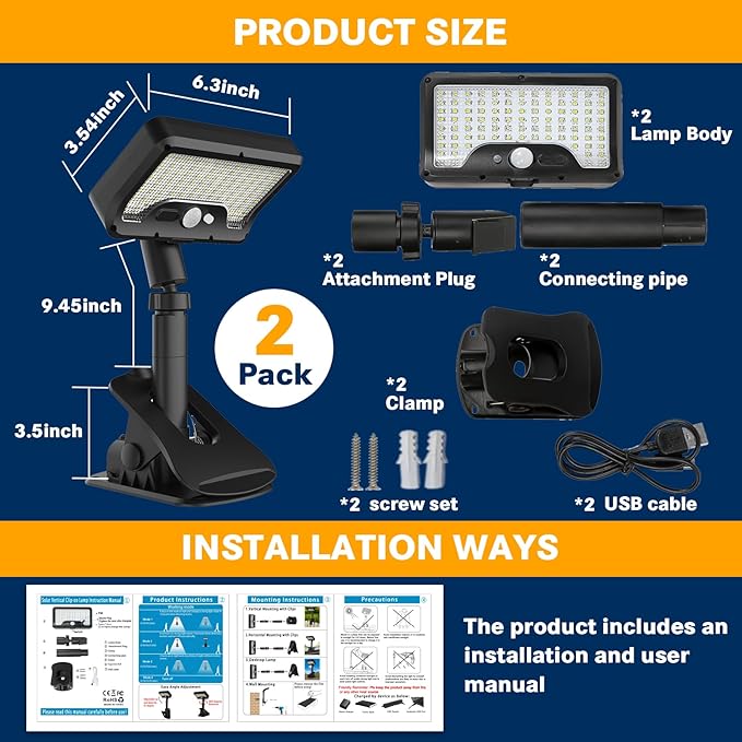 Pacify Clip On Solar Lights Outdoor with Motion Sensor, 92 LEDs 600LM Solar Fence Lights IP65 Waterproof, Adjustable Security Lights for Gutter Deck Yard (2 Pack with Remote Control Adjusts 3 Colors)