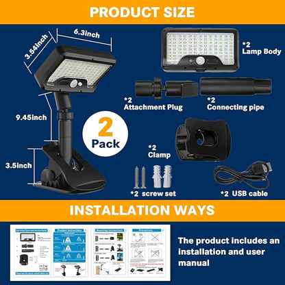 Pacify Clip On Solar Lights Outdoor with Motion Sensor, 92 LED 600LM Solar Clip On Lights, 360° Adjustable Clamp Solar Lights Outdoor Waterproof for Fence Deck Gutter Camping(2 Pack Cool White 6000K)