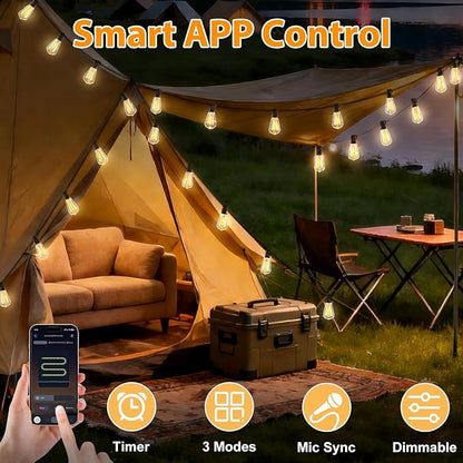 Smart Outdoor String Lights, 50FT ST38 LED Patio Lights with Timer Remote APP Control, 22 Shatterproof LED Bulbs (2 Spare), Dimmable Waterproof Hanging Light for Backyard Porch Party Decor