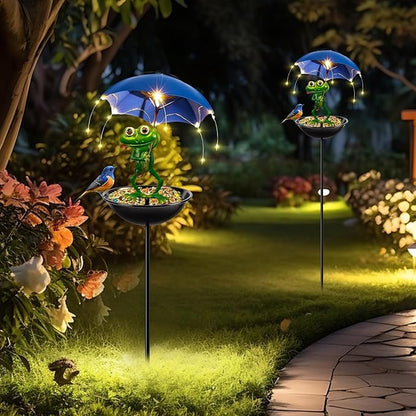 Solar Bird Feeder Frog Garden Decor, Outdoor Solar-Lights Frog Figurine Lights with Umbrella, Hummingbird-Feeder Decorative Path Lights Gardening Gifts for Women, Yard Art Ornament Bird Feeder Blue