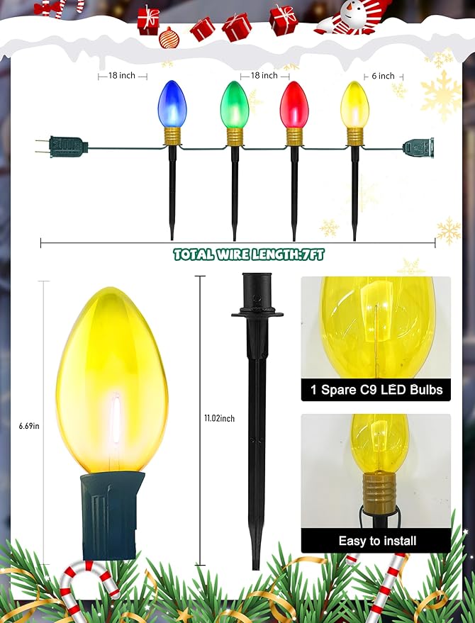 C9 Outdoor Christmas Pathway Lights, Set of 4 Outdoor Lawn Christmas Lights with C9 Clear Multicolored Jumbo LED | Lumora