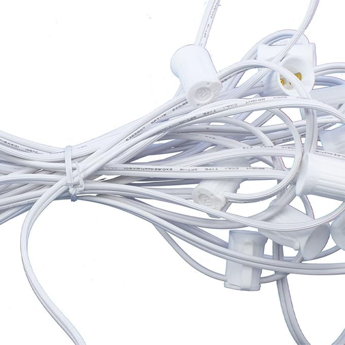 EST. LEE DISPLAY L D 1902 Outdoor Patio String Light Cords with Male & Female Plugs Green & White Wire 12in Spacing Sockets, 25FT Length (White, C7 - E12)