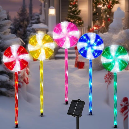 BRIGHTDECK Lollipop Solar Christmas Pathway Lights Outdoor, 5 Pack LED Christmas Decor with 8 Lighting Modes, Light Up Solar Stake Lights for Holiday, Xmas, Walkway, Sidewalk(Multicolour, 5 PCS)