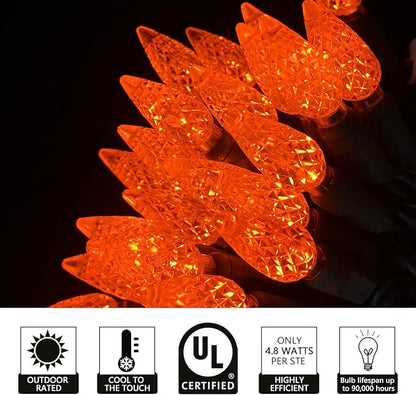 UL Listed 50 Count C6 Led Christmas Lights,C6 Strawberry Lights Bulbs,Outdoor Led String Lights for Garden Patio Halloween Christmas Lighting Decoration,17 Ft Green Wire (Orange)