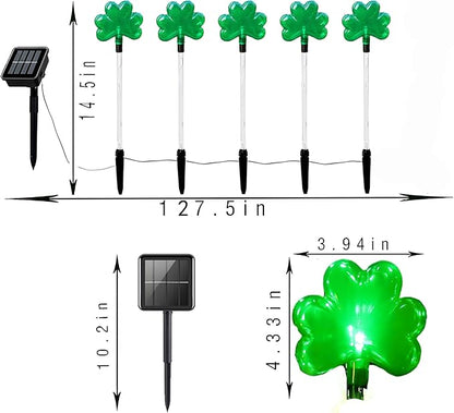 5 Pack St. Patrick's Day Solar Pathway Lights Outdoor - Green LED Shamrock Landscape Stake Lights, Waterproof Solar Powered Plug-in Lawn & Garden Decor for Yard, Walkway, Irish Party Decorations