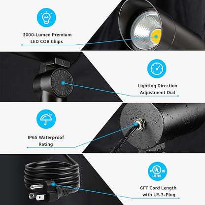SUNVIE 30W Spot Lights Outdoor 5000K Dusk to Dawn Flag Pole Light 120V Plug in Landscape Spotlight with Photocell Sensor Ultra Bright Bullet LED Spotlight for Yard Garden Tree Statue