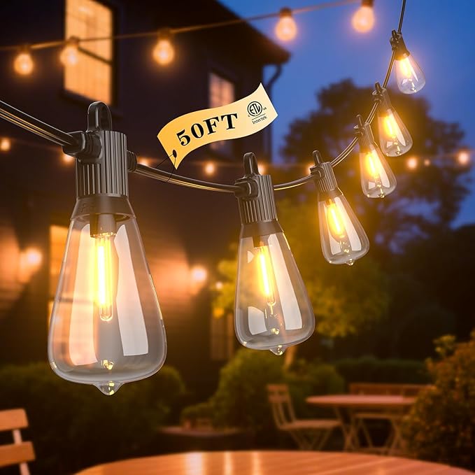 FOOMAN LED Outdoor String Lights, 50FT Outside Waterproof Patio Lights with 25+2 Shatterproof ST38 Edison Bulbs | Lumora