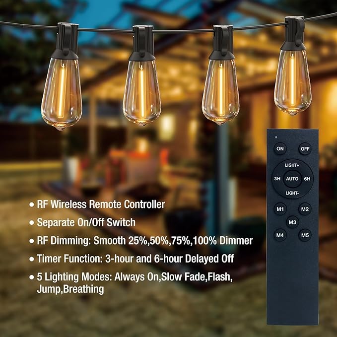 litogo Remote LED String Lights 60ft, Dimmable Edison Patio Lights, Waterproof Hanging String Light with 25+2 Warm White Shatterproof Bulbs for Yard Bistro Garden Party Christmas