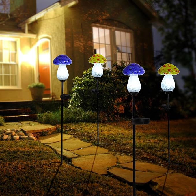 Afirst Solar Outdoor Lights Decorative Solar Glass Mushroom Lights Waterproof LED Waterproof Garden Stake Light for Walkway Pathway Lawn Patio Yard Decorations 2 Pack Yellow&Blue