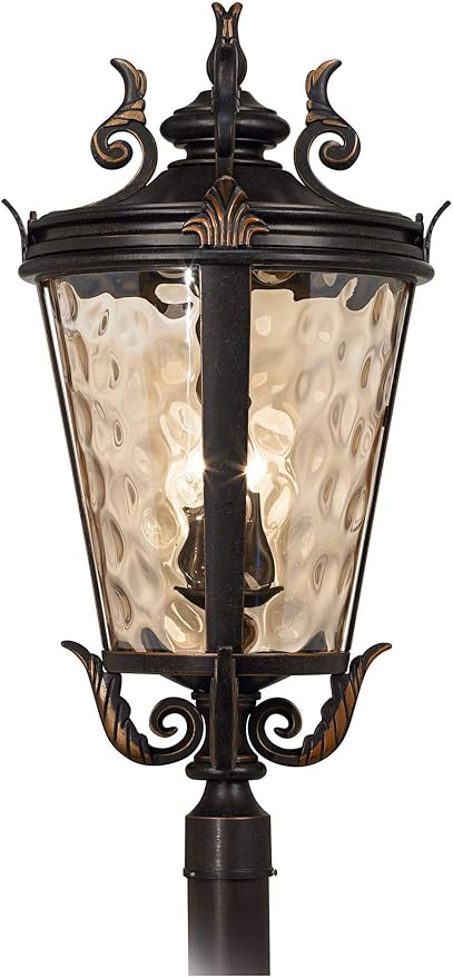 John Timberland Marseille Vintage Outdoor Post Light Fixture Veranda Bronze Scroll 33 1/2" Champagne Hammered Glass | Lumora