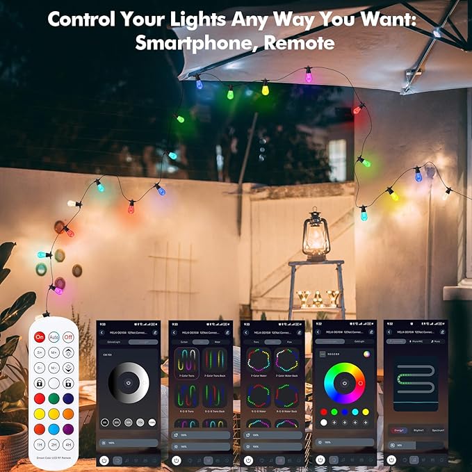 Outdoor String Lights Waterproof Patio Light 52FT 20 RGBW Dimmable LED Bulbs, Shatterproof Outside Hanging Color Changing Lights for Backyard Party Garden Porch Balcony (52FT)