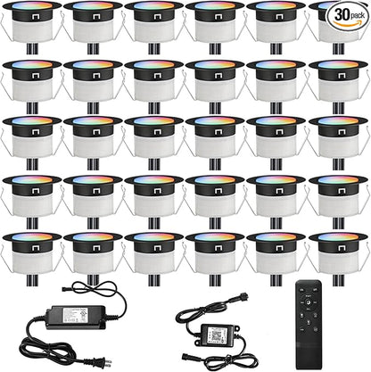 FVTLED LED Deck Lights Kit, 30pcs Φ1.22 WiFi Smart Phone Control Low Voltage Recessed RGBW Deck Lighting Waterproof Outdoor Yard Path Stair Decor, Black