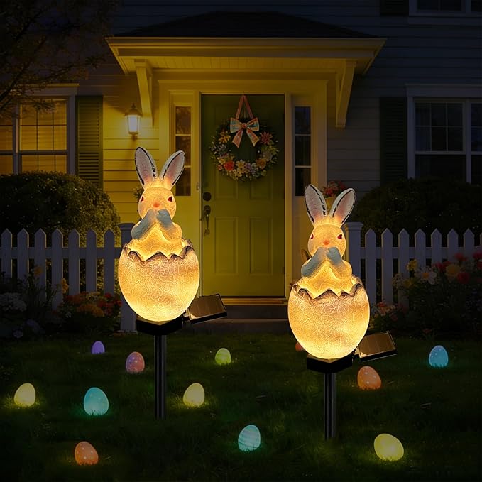 Solar Easter Egg Bunny Lights Outdoor, Waterproof Easter Solar Lights Rabbit Bunny Garden Statue Easters Yard Egg Decorations Outdoor for Outside Cemetery Grave (Blue Don't Speak)