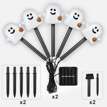 BRIGHTDECK Solar Halloween Ghost Pathway Lights, 10 Pack Ghost Stake Lights with Pumpkin Design, Durable Waterproof Outdoor Halloween Decoration for Garden, Walkway, and Yard (Cold White)