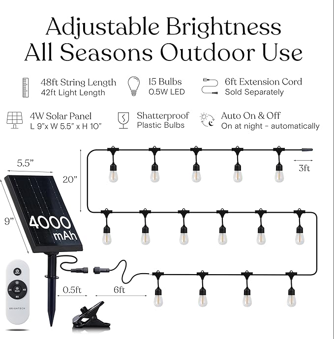 Brightech Ambience Pro Super Bright Solar - 48 Ft Remote Control Outdoor String Lights with Shatterproof Commercial | Lumora