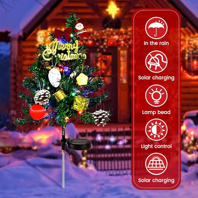 2pcs Solar Christmas Tree Lights Outdoor Decoration, Waterproof Solar Xmas Tree with Flashing LED Lights, for Yard Front Porch Pathway Grave Cemetery Decor