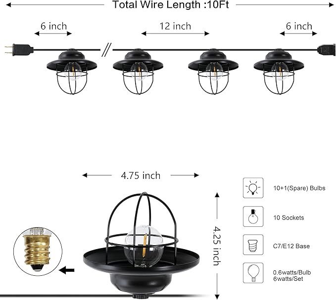 JONATHAN Y JYL8703A-SET2 Indoor Outdoor Rustic Farmhouse LED G40 Metal Cage Shade String Lights Garden Patio Backyard Porch Balcony, 10 ft. 10-Light, Black, Set of 2