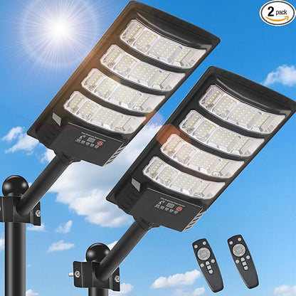 Solar Street Light Outdoor, 30000LM 6500K Waterproof Motion Sensor LED Solar Powered Flood Light with Remote Control Dusk to Dawn Commercial Area Lighting for Outside Parking Lot, 2-Pack