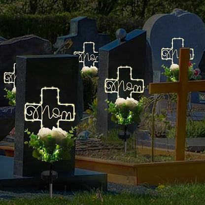 Lmtocs Grave Decorations for Cemetery Mom, Memorial Sympathy Gifts for Mom Cemetery Decorations, Waterproof Solar Cross Lights with Rose Flower for Christmas Mother Day Memorial Day Decor
