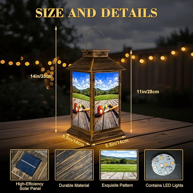 Solar Lantern Outdoor Waterproof Rustic Football Baseball Basketball Soccer Sports Vintage Wood Ball Garden Decor LED Solar Lights Hanging/Tabletop Lamp Gifts for Women Mom for Outside Yard Patio