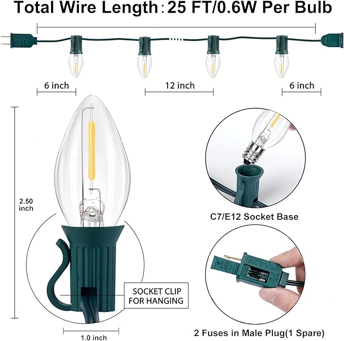 SUNSGNE C7 LED Clear Christmas String Lights Outdoor, 25FT Vintage Christmas Tree Lights with 27 0.6W Bulbs(2 | Lumora