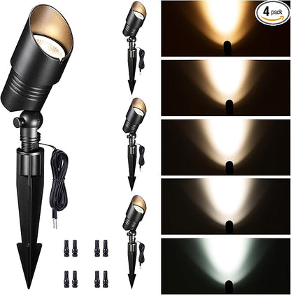 Landscape Spotlights Low Voltage - 2700K/3000K/3500K/4000K/5000K Selectable Uplights, 12V Wired LED Spot Lights Outdoor Waterproof, Aluminum Black for Outside Trees Wall 4 Pack