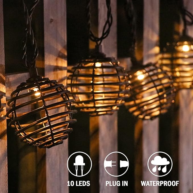 Vigdur Rattan Ball String Lights, Brown Plug in Decorative Lights with 10 Rattan Bulbs, Connectable Patio String Lights for Home, Garden, Backyard & Cottagecore Decor(9.84FT)
