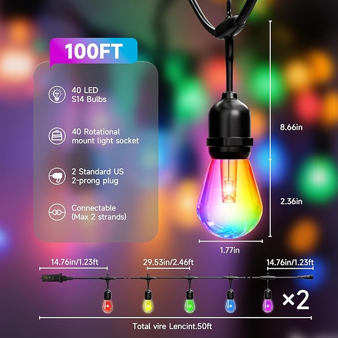 RGB Safety String Lights 100FT - Commercial Grade Low Voltage Strand with 40+2 S14 Shatterproof Bulbs for Tree Garden Yard bistro Cafe | RGB Party Lights & Outdoor Lights | IP65 Waterproof | UL Listed