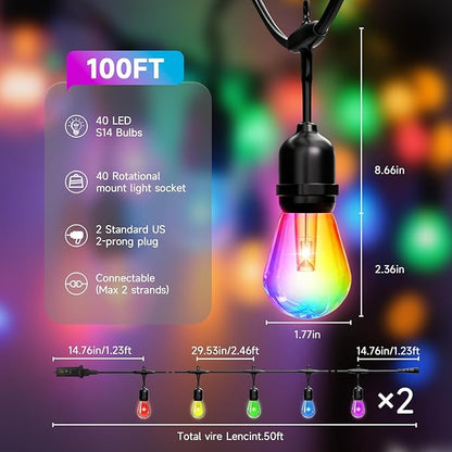 RGB Safety String Lights 100FT - Commercial Grade Low Voltage Strand with 40+2 S14 Shatterproof Bulbs for Tree Garden Yard bistro Cafe | RGB Party Lights & Outdoor Lights | IP65 Waterproof | UL Listed