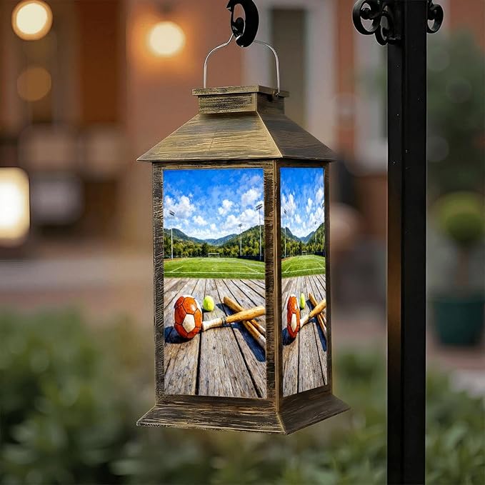 Solar Lantern Outdoor Waterproof Rustic Football Baseball Basketball Soccer Sports Vintage Wood Ball Garden Decor LED Solar Lights Hanging/Tabletop Lamp Gifts for Women Mom for Outside Yard Patio