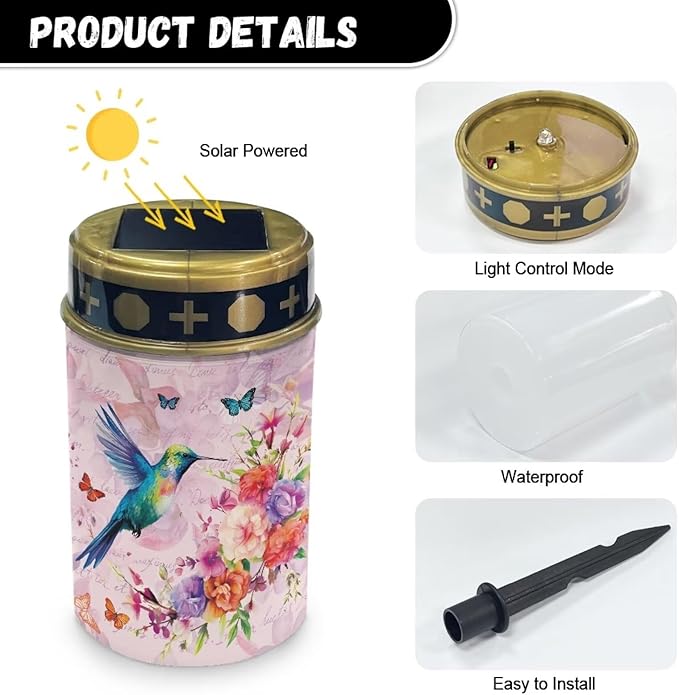 Poceacles Solar Candle Cemetery Solar Lights for Grave LED Garden Lights Solar Powered Solar Pathway Lights Outdoor Waterproof with Dusk to Dawn Sensor, Hummingbird Flower Butterfly Pink, Pack of 4