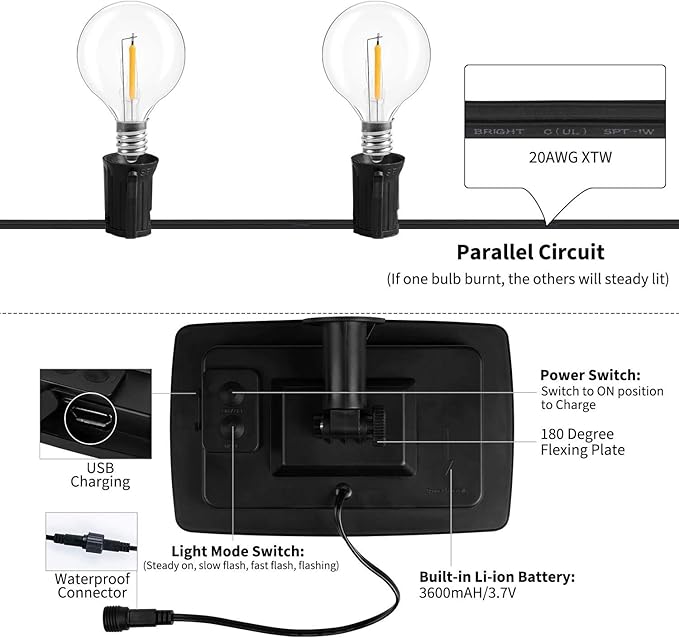 LED Solar String Lights Outdoor 26Ft Waterproof Hanging Lights with 25 Shatterproof Bulbs & 4 Light Modes, Outside Backyard Lights for Patio Market Bistro Porch Cafe Decor