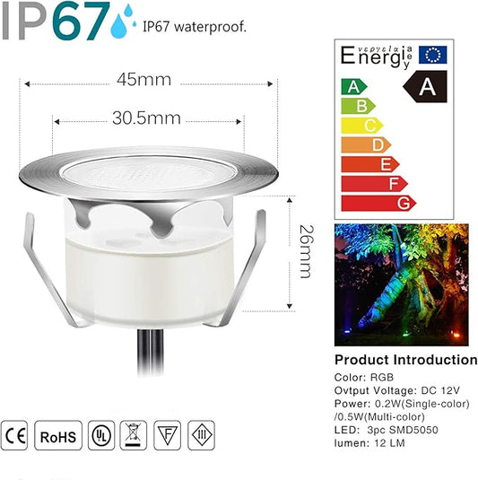 20pcs Low Voltage LED Deck Lights Kits Multi-Color RGB Stainless Steel Waterproof Outdoor Recessed Wood Decoration Lamps Landscape Pathway Patio Step Stairs LED In-ground Lighting(Silver Border)