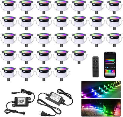 Sumaote LED Deck Lights Kit, 30Pack 1.22" WiFi RGBW+IC Multicolor Dynamic Recessed Low Voltage Deck Lighting Work with Alexa/Google Home, IP67 Waterproof 12V Step Lights Outdoor for Garden Yard Stair