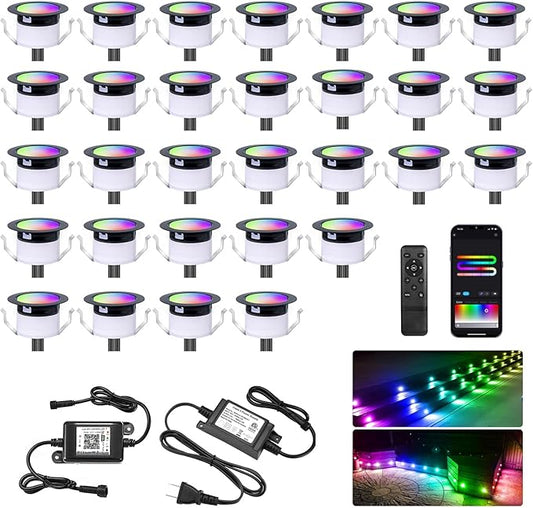 Sumaote LED Deck Lights Kit, 30Pack 1.22" WiFi RGBW+IC Multicolor Dynamic Recessed Low Voltage Deck Lighting Work with Alexa/Google Home, IP67 Waterproof 12V Step Lights Outdoor for Garden Yard Stair