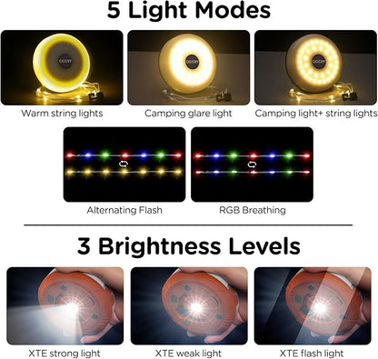 OGERY Camping String Lights, 4 in 1 Quick Storage 32.8FT Rechargeable Tent Lights String with 8 Lighting Modes, Hanging Waterproof Portable LED Lamp for Outdoor Patio Awning Garden Party Essentials