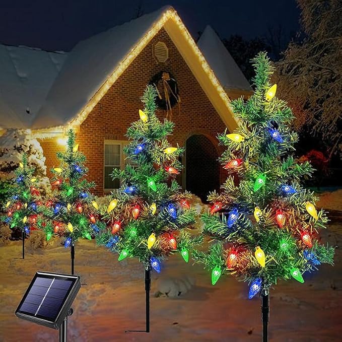 4 Set Solar Christmas Tree Lights Decorations Outdoor Waterproof, 80 LED Lights with 8 Modes Christmas Solar Stake Lights Cemetery Xmas Tree for Grave Pathway Outside Garden Yard Lawn Decor