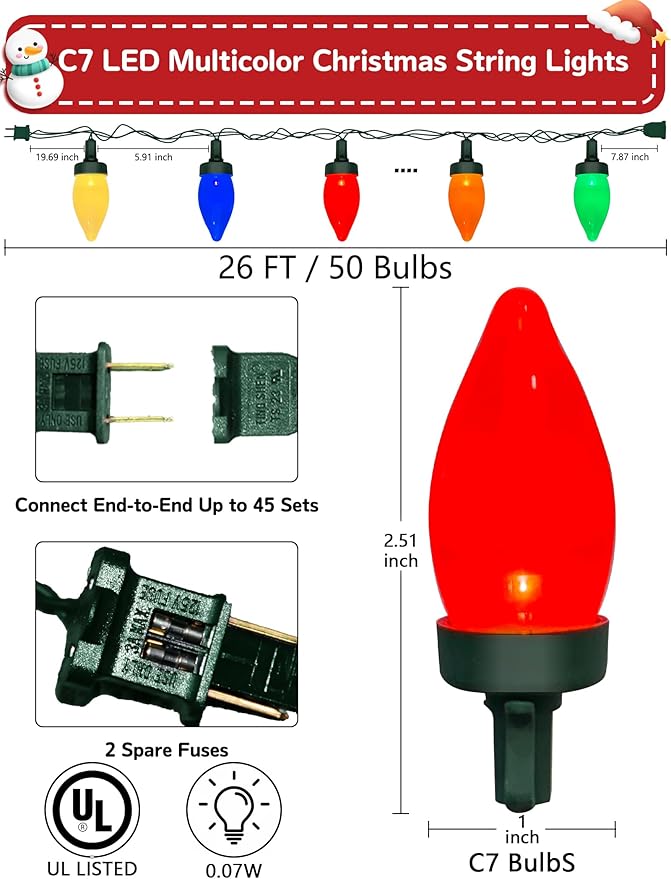 C7 LED Christmas Lights, 26FT C7 Vintage Christmas Lights with 50 Multicolor LED Bulbs, Colorful Outdoor String Lights for Xmas Tree Home Party Garden Yard Patio Decorations