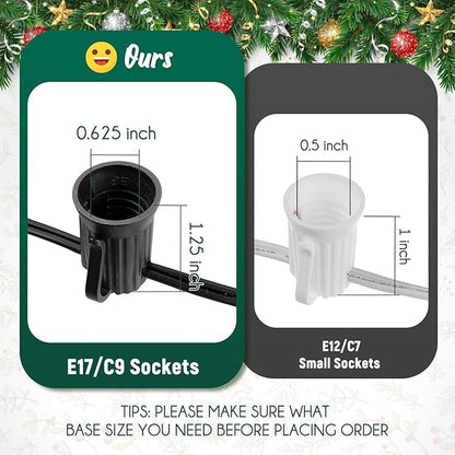 C9 Light Strand, 2 Pack 100 FT Outdoor String Lights Christmas Stringer with 100 Sockets for Christmas Decor Patio, E17 Light Socket, 12 Spacing, Black Wire