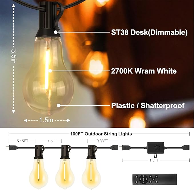 100FT Outdoor String Lights Waterproof with 64+4 Bulbs (1.5FT Bulbs Spacing), Remote & Dimmer, Commercial Patio | Lumora