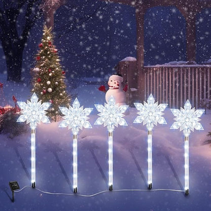 Snowflake Solar Christmas Pathway Lights, Set of 5 LED Outdoor Stake Lights, Waterproof Christmas Decorations for Garden, Yard, Lawn, Walkway, Patio Decor (5pcs Cold White)