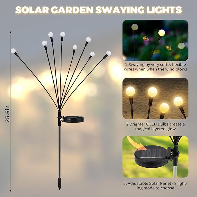 Solar Garden Lights – Swaying LED Solar Lights Outdoor Decorations, Waterproof Yard & Patio Lights with Flexible Iron Wire & Heavy Bulb Base for Garden Decor,Warm White (2 Pack)