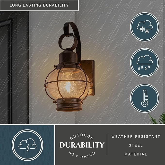 VAXCEL Chatham 12 in. H 1-Light Burnished Bronze Coastal Outdoor Wall Sconce Made of Durable Steel, Clear Seeded | Lumora