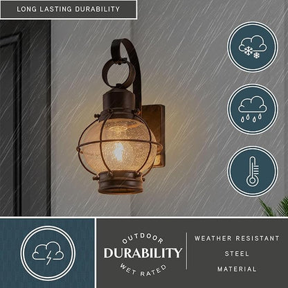 VAXCEL Chatham 12 in. H 1-Light Burnished Bronze Coastal Outdoor Wall Sconce Made of Durable Steel, Clear Seeded Glass Shade, LED Compatible, Use for Exterior Porch Patio Front Door or Garage