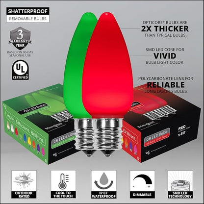 Wintergreen Lighting C9 OptiCore LED Commercial Outdoor Christmas Lights – Heavy Duty Christmas String Lights; Wedding Christmas Lights; White Wire (50 Lights, 50 Ft, Red/Green Smooth/Opaque)