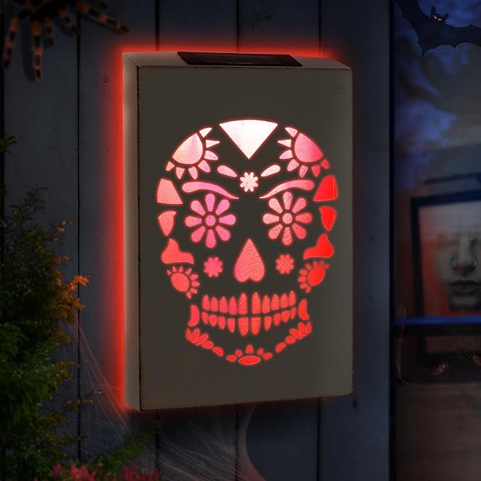 HUAXU Halloween Decorations Outdoor Solar Color Changing Skull Wall Decor LED Lights Skeletong Gost Scary Garden Decor Waterproof Solar Lights for Door Patio Yard Porch Pathway Clearance