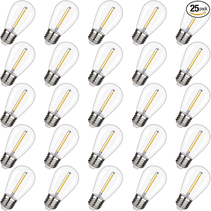 BORT LED S14 Replacement Light Bulbs, Shatterproof Outdoor String Light Bulbs, 1 Watt to Replace 11Watts Incandescent Bulb, E26 Regular Medium Screw Base, 2200K Warm White, Non-Dimmable (25 Pack)