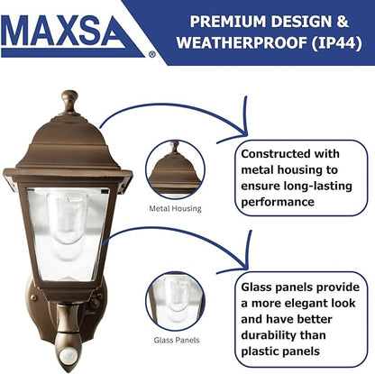 Maxsa 46219 Premium Battery-Powered Motion-Activated Decorative Outdoor Cool White LED Wall Sconce Lighting Fixture, Metal Housing, Dark Copper