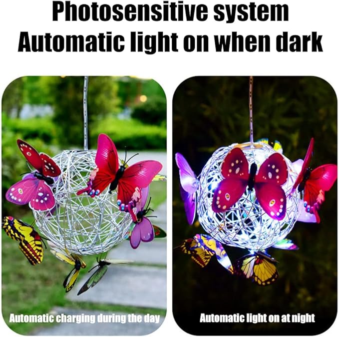 Solar Lighted Hanging Mesh Orb with LED Colorful Butterfly Roaming Light Solar Garden Patio Hanging Ball Home Outdoor Yard Ornament